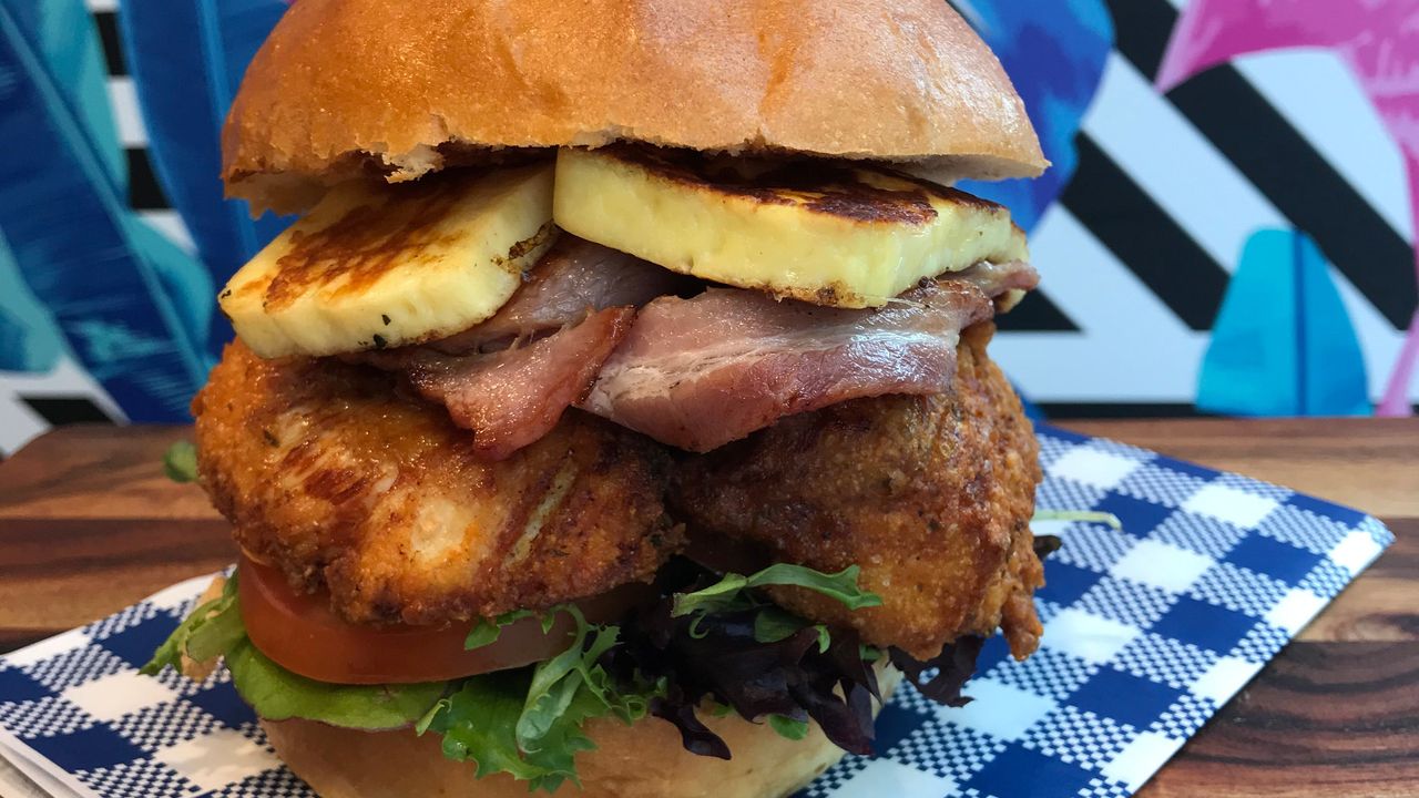 Buttermilk Chicken, Bacon and Haloumi Burger