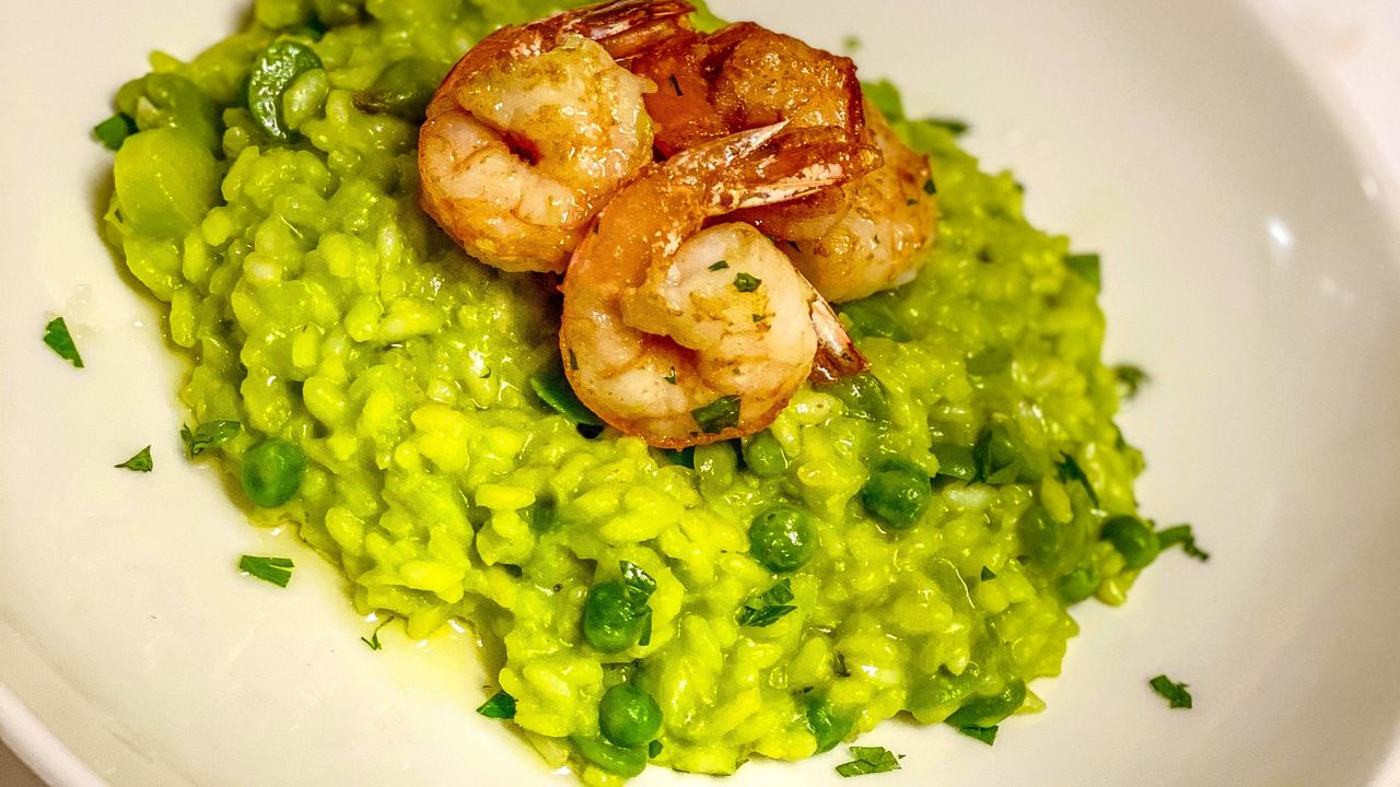 Spring Risotto with Green Peas, Prawns, Broad Beans & Asparagus