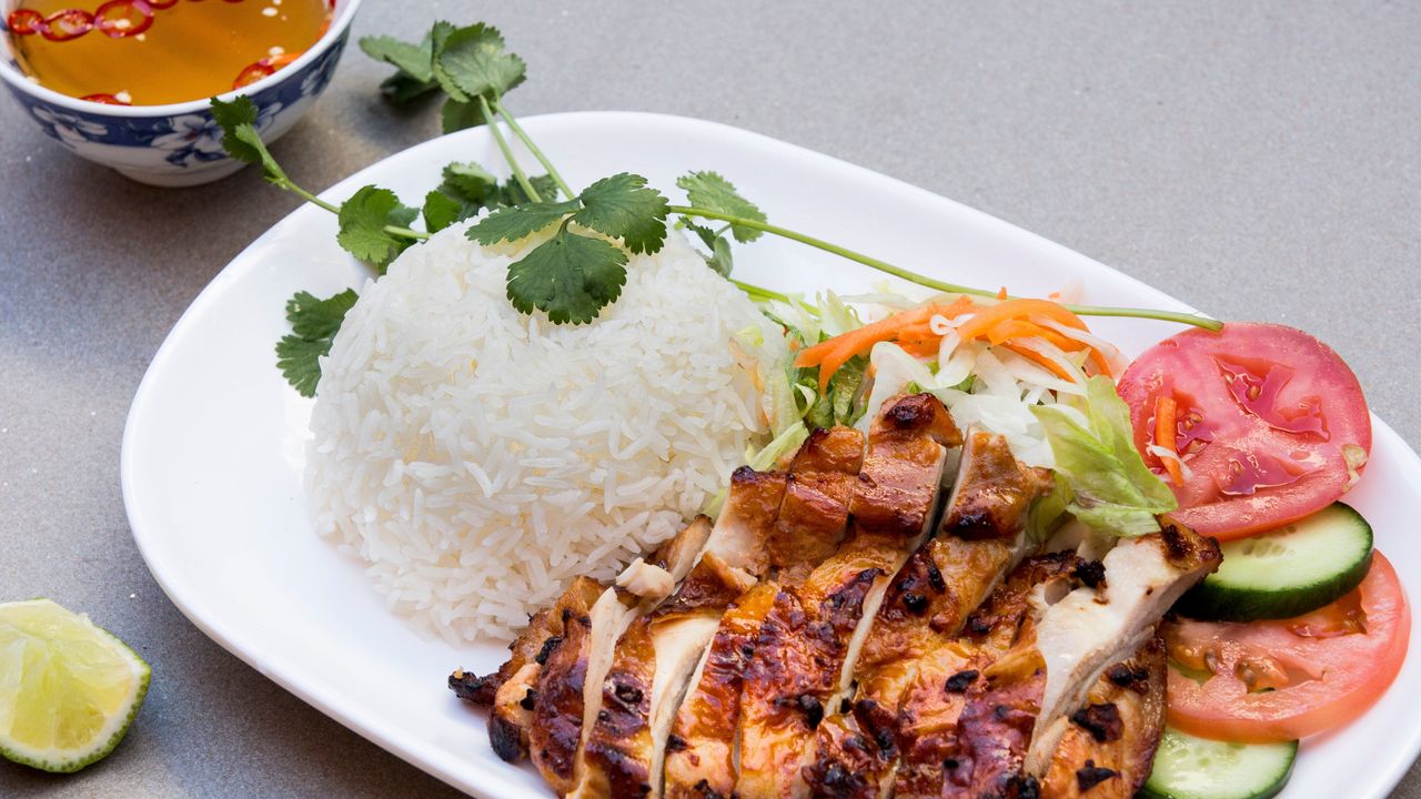 BBQ Chicken and Green Salad on Rice