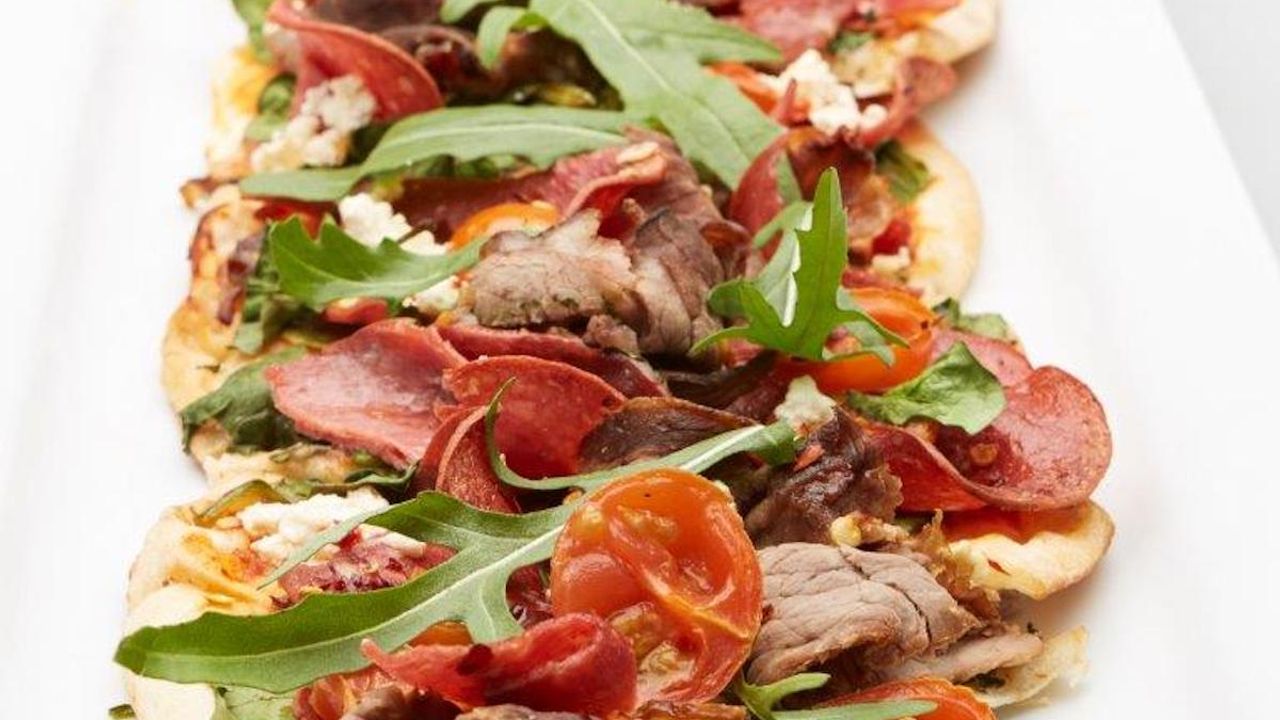 Pepperoni, Spicy Beef, Fetta, Baby Spinach & Cherry Tomato Pizza