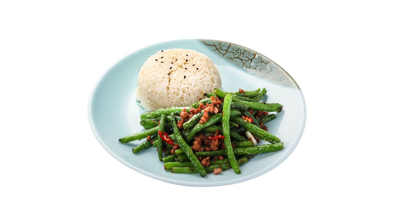 Wok-tossed French Bean and Spicy Pork Mince on Rice