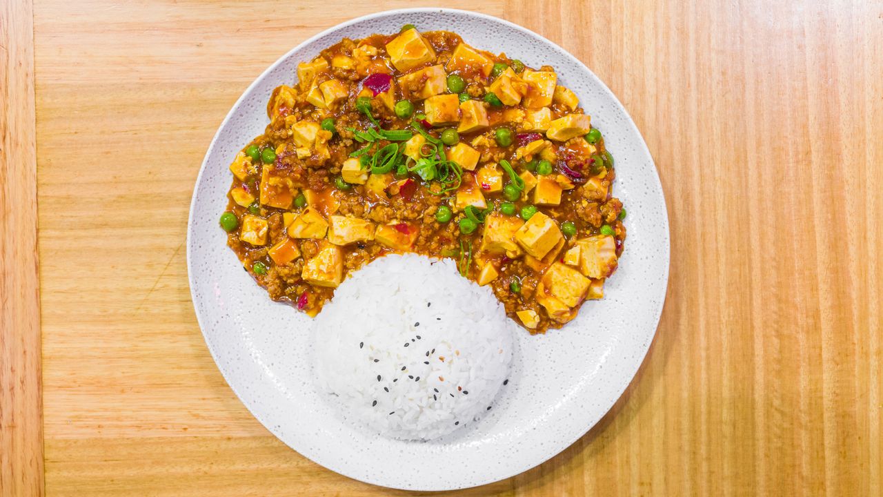 Hot & Spicy "Ma Po" Tofu with Minced Pork on Rice